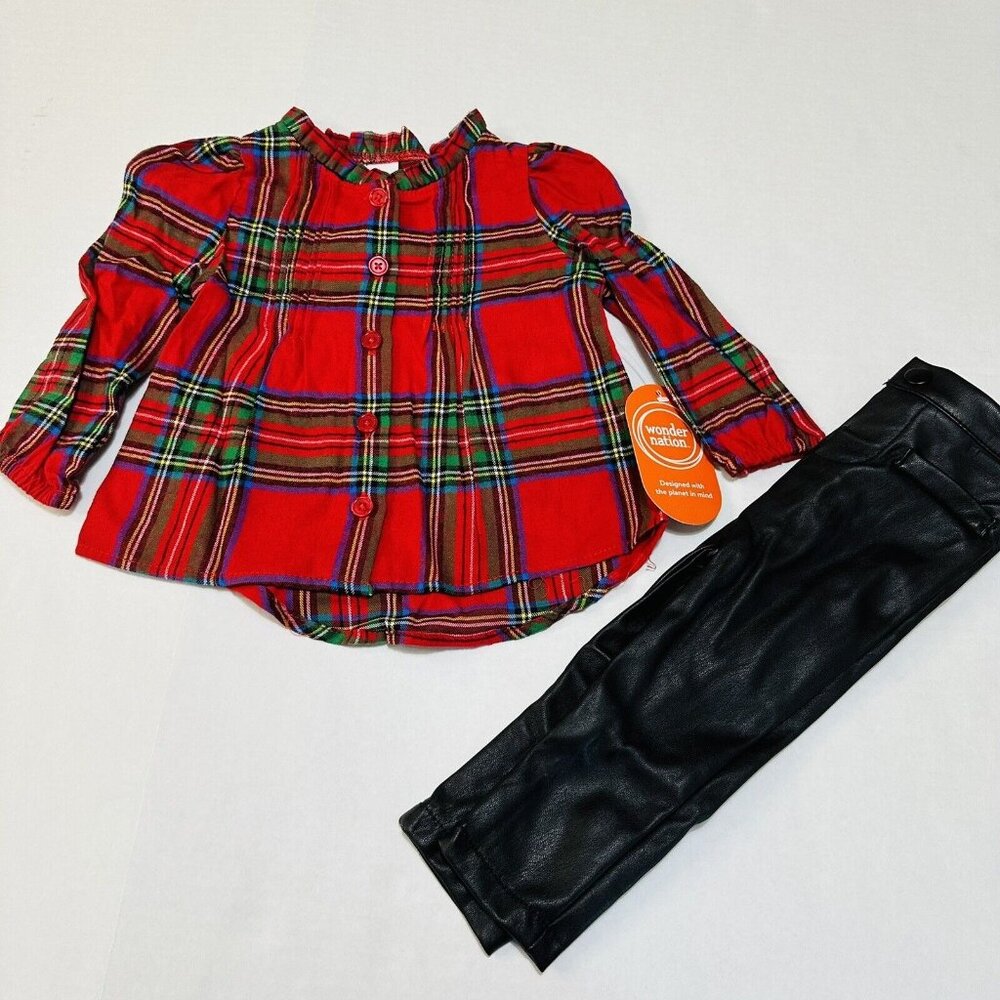 Baby Girl 18 Months Red Plaid Shirt And Faux Leather Pants - Holiday Outfit
